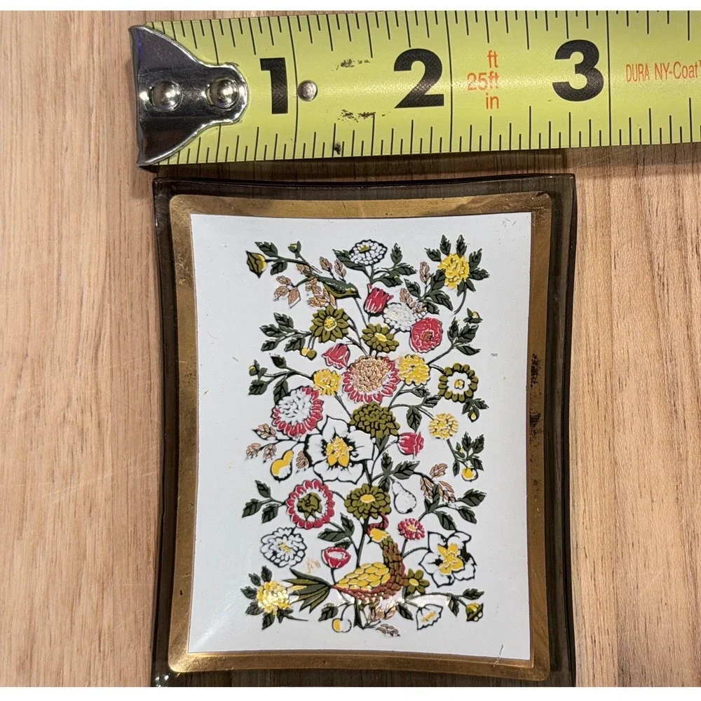 Vintage Glass Trinket Dish Peacock Floral Chinoiserie Gold‎ Trim Catchall 4x3